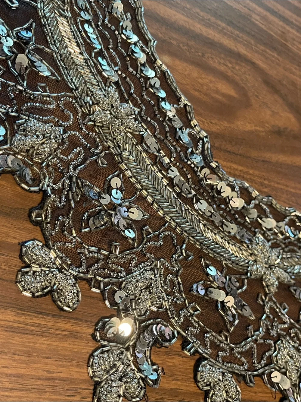 Vintage Silver & Black Sequin Lace Appliqué Necklace Collar capelet